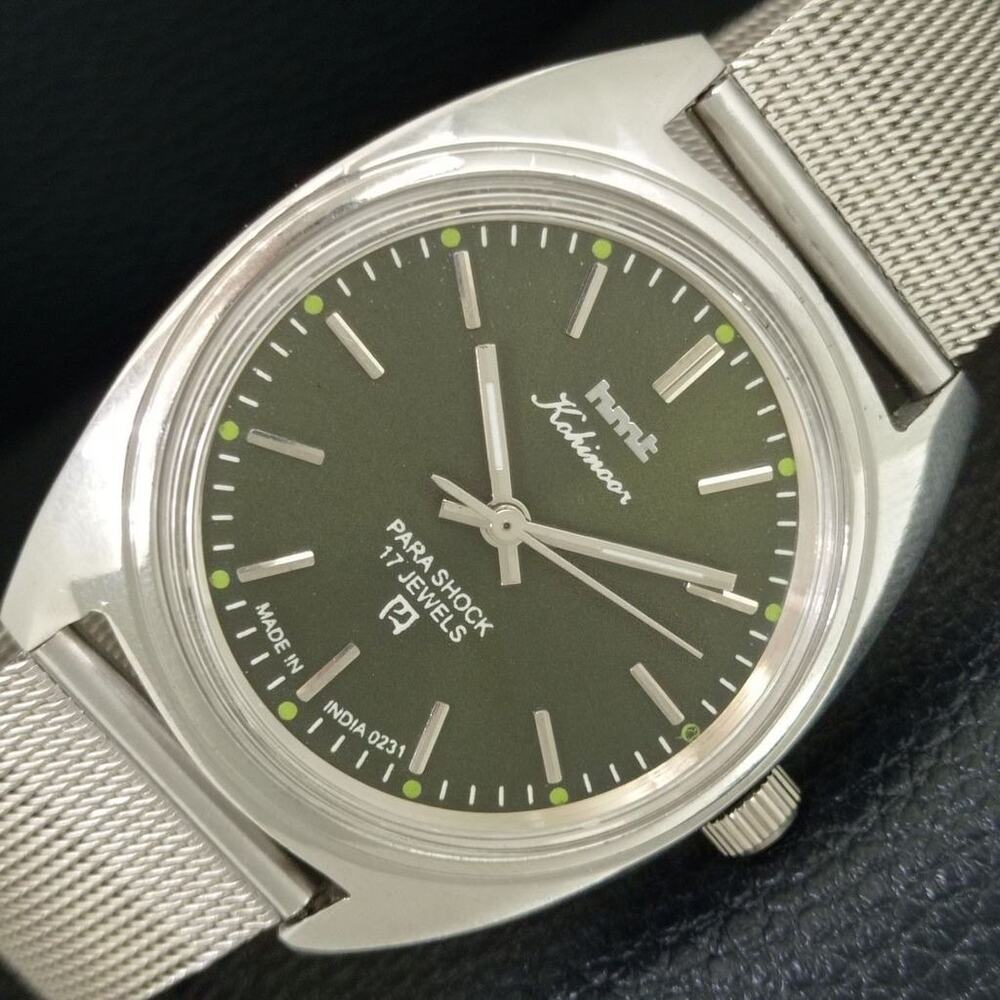 Vintage 1987 HMT Manual Wound Mens Silver Watch & Green accents